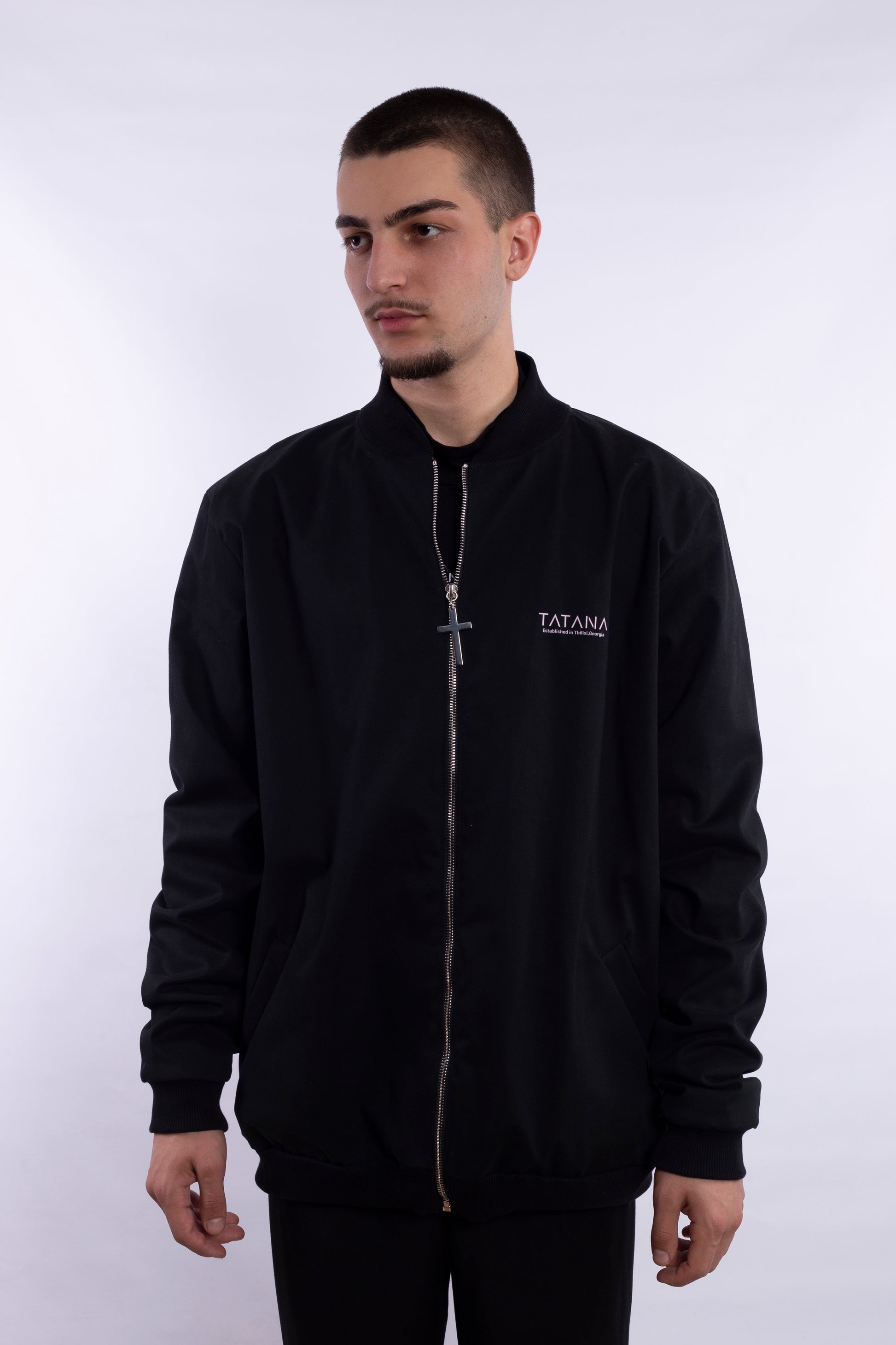 Boomber Jacket With Cross Zipper And Pink Logo