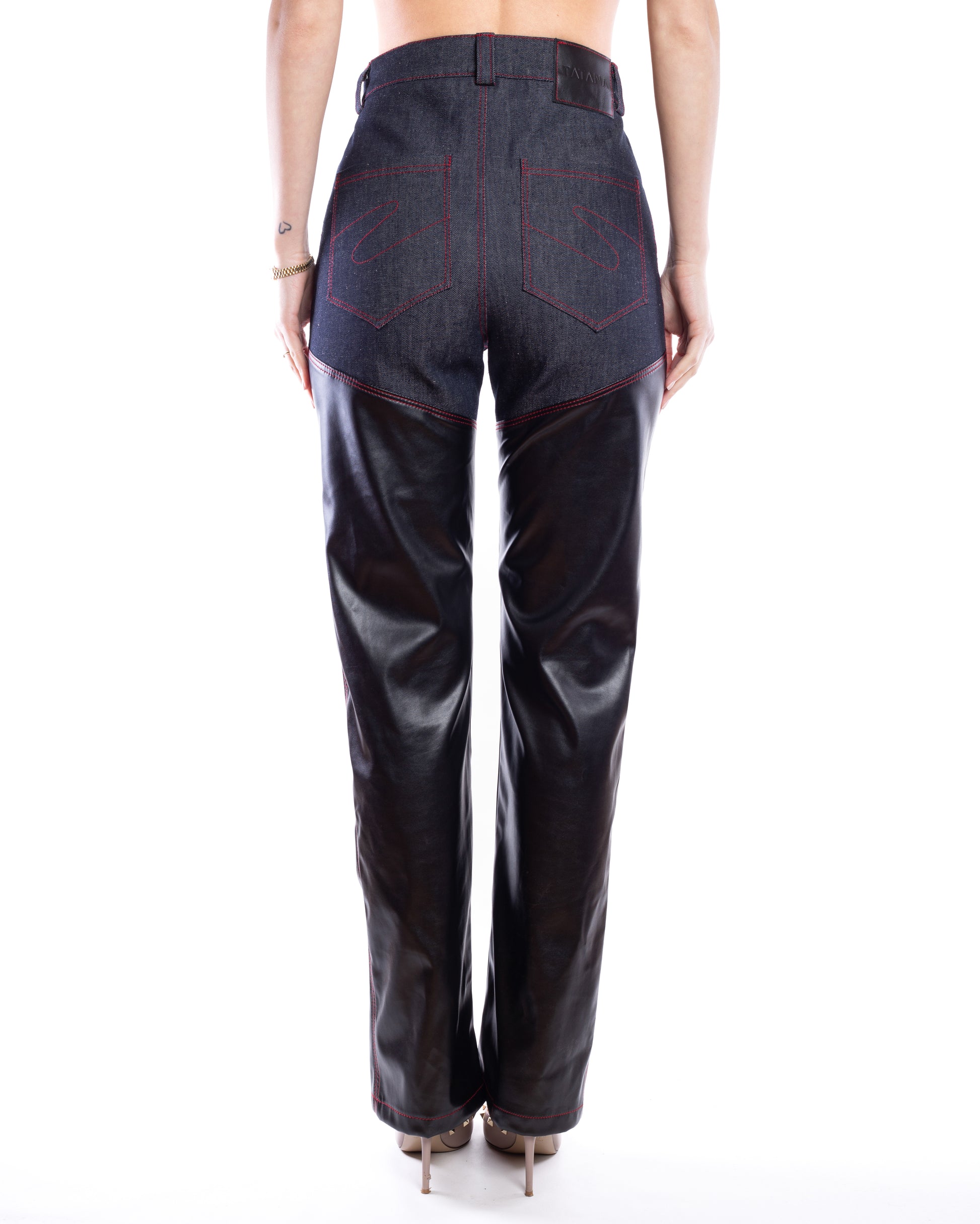 Denim Pants With PU Leather