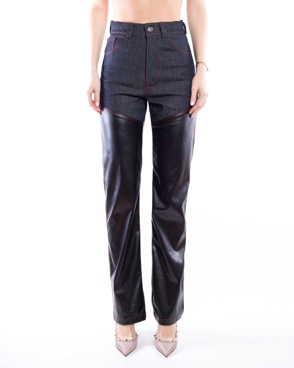 Denim Pants With PU Leather