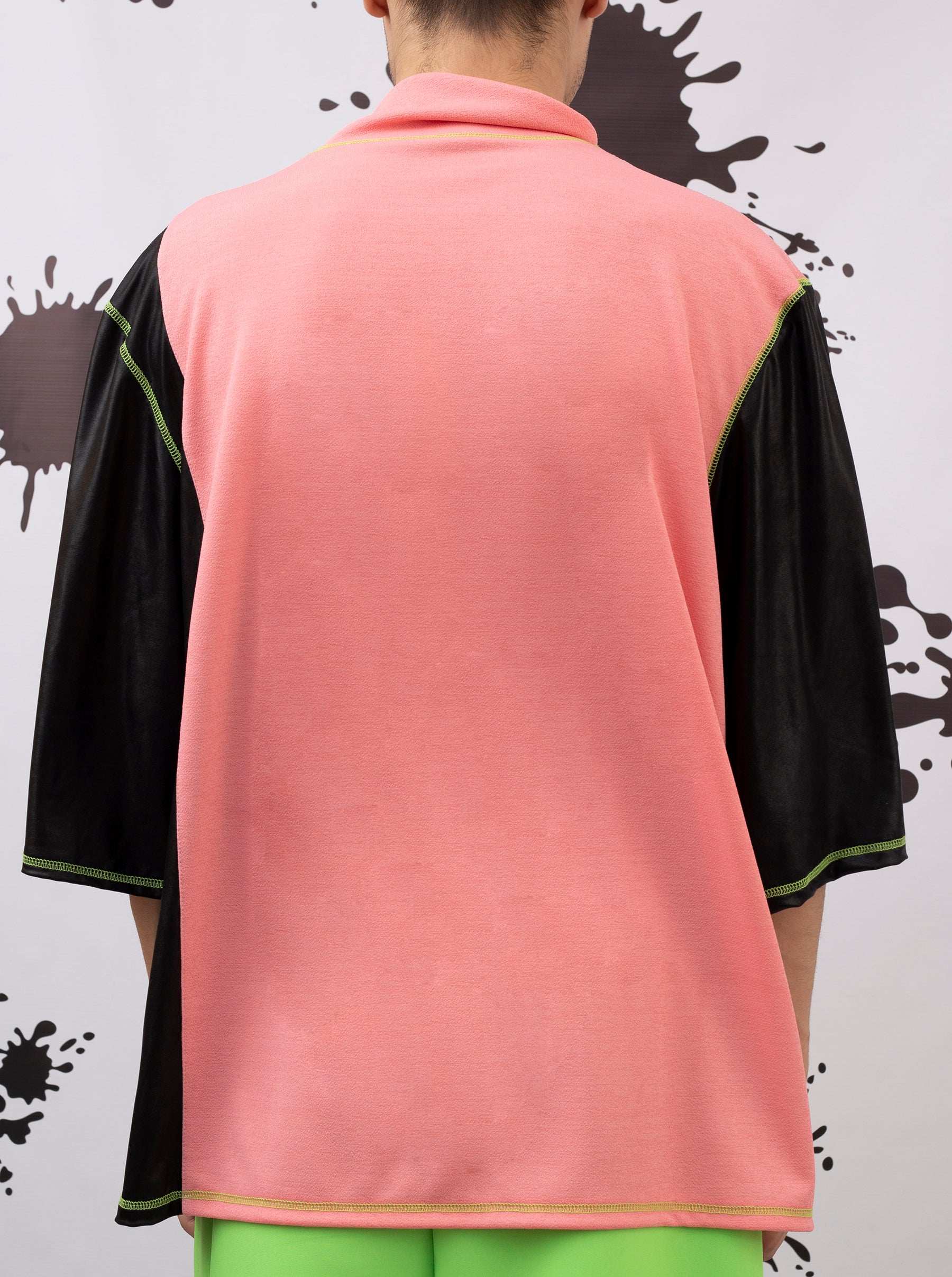 Pink Tee With Black Pu Leather Sleevs
