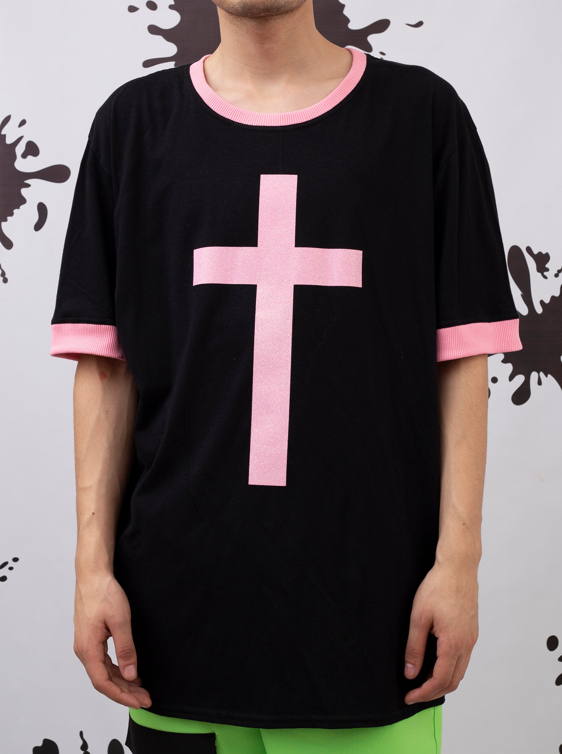 Black Tee With Glitter Pink Cross