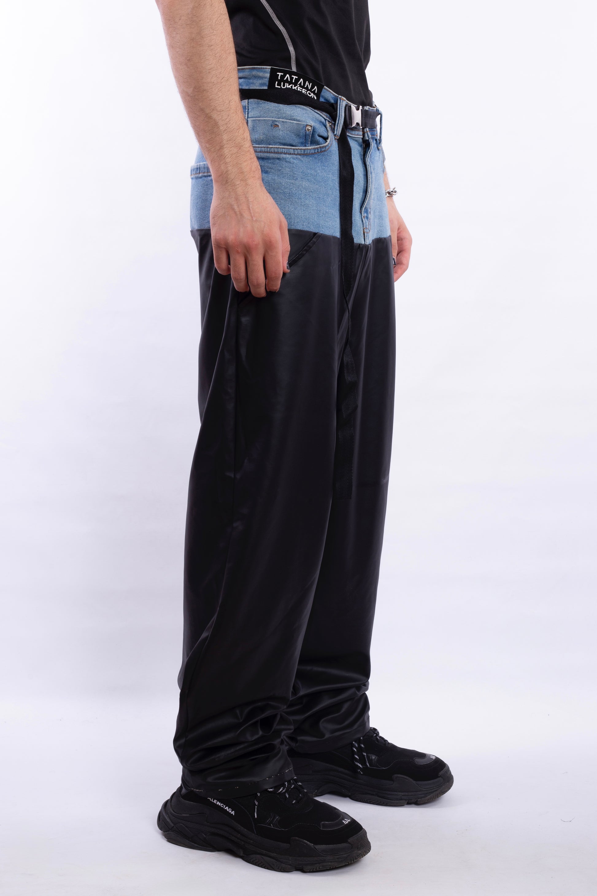 Black PU Leather Pants With Denim