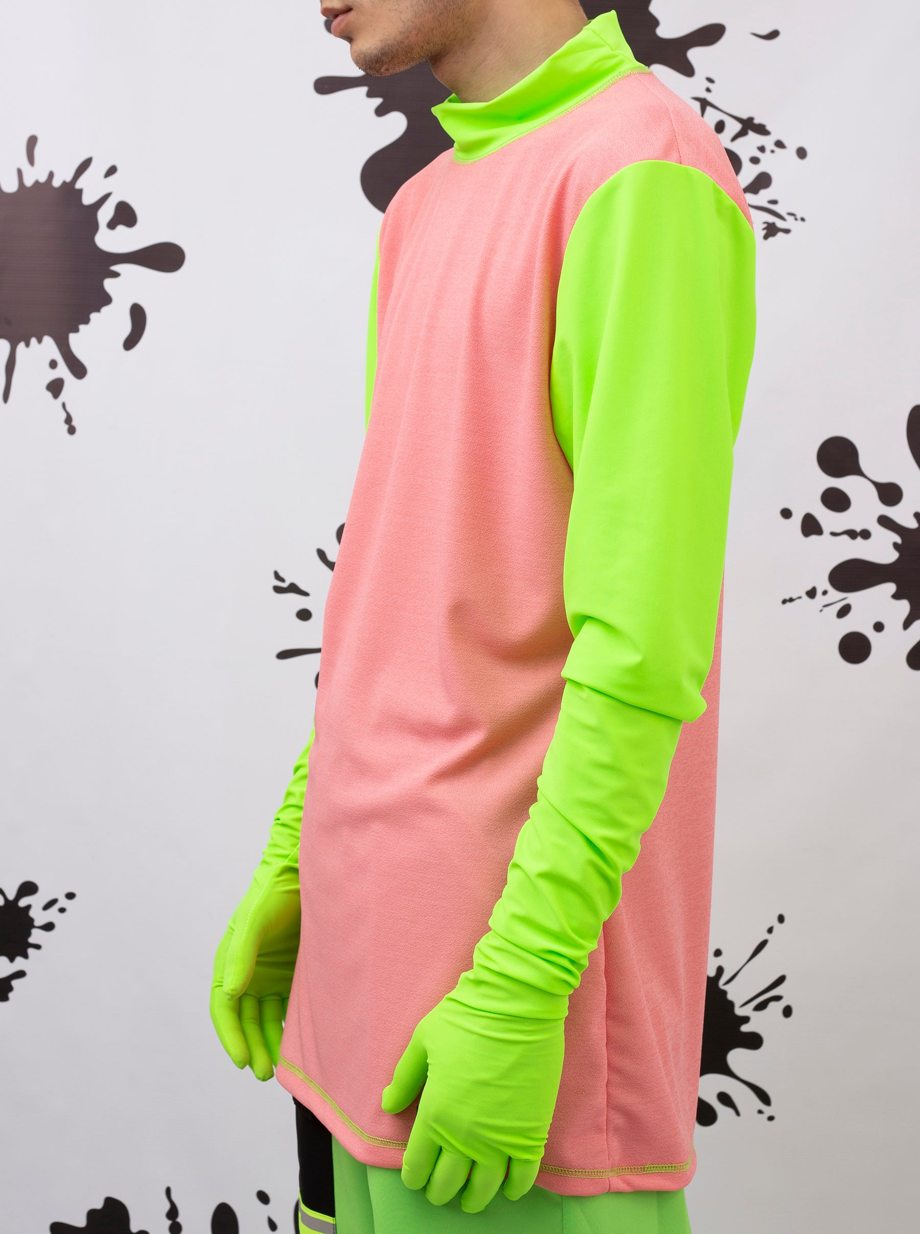 Pink T-Shirt With Neon Green Gloves