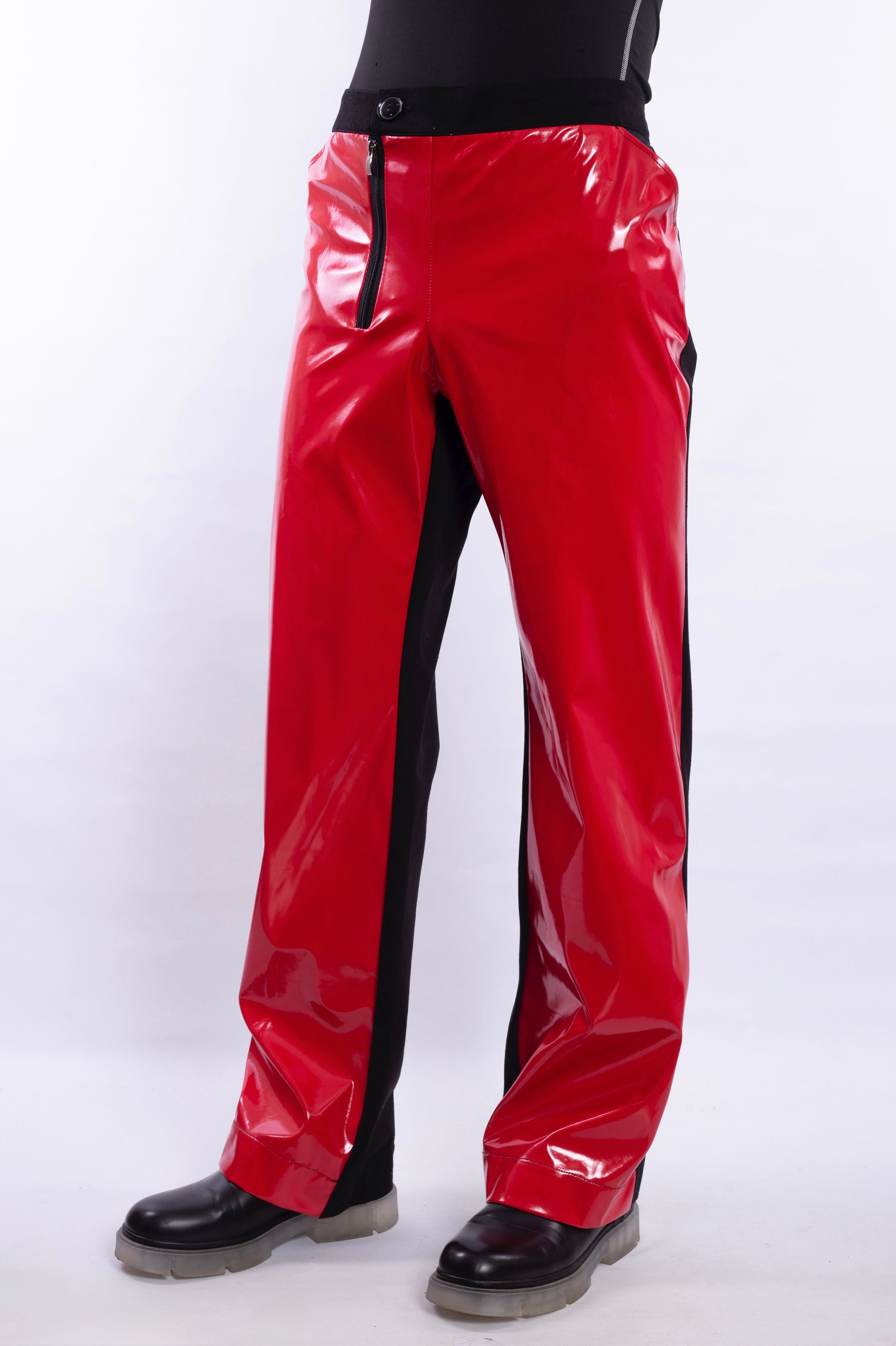 Red PU Leather Pants With Zipper