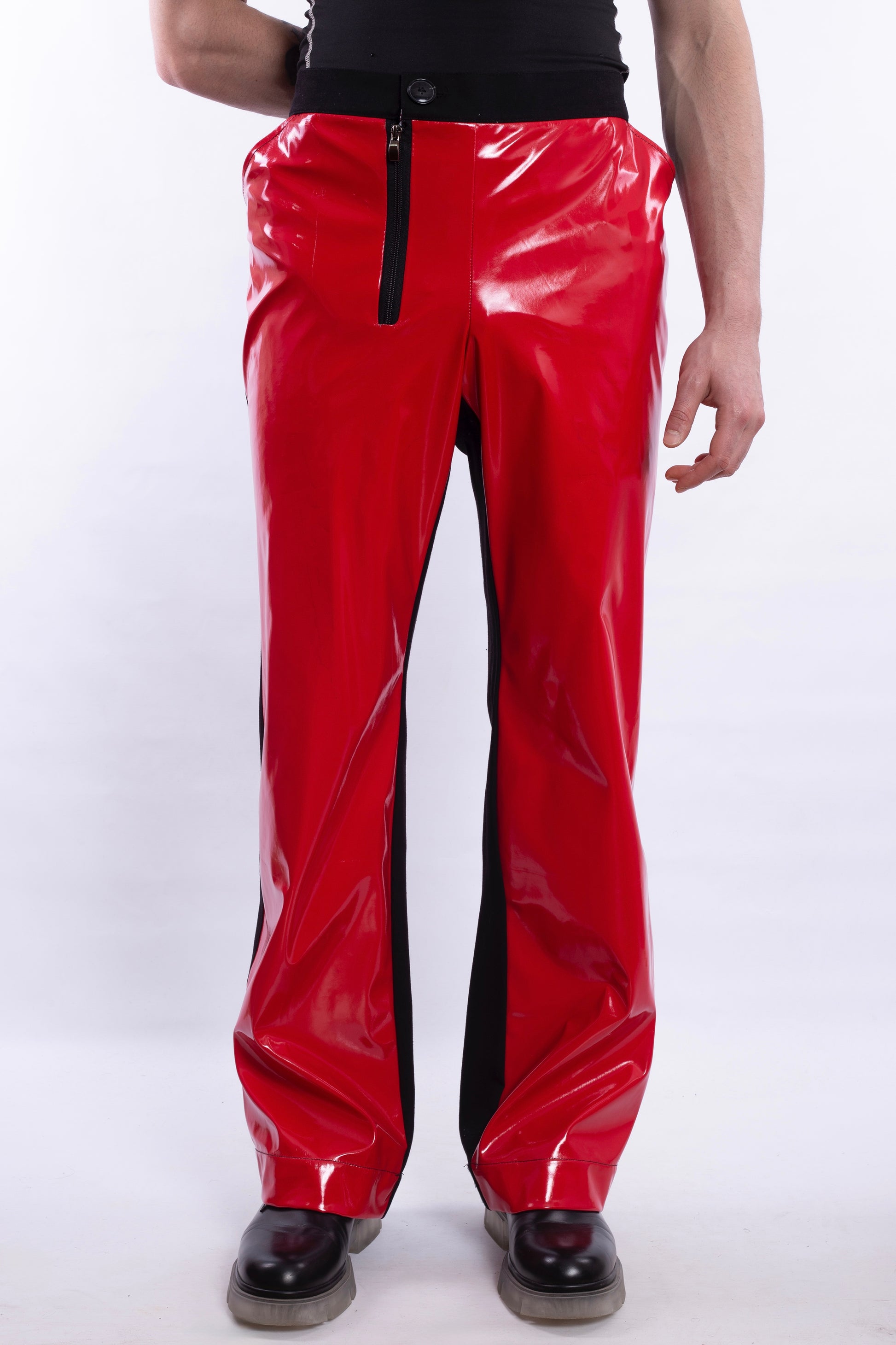 Red PU Leather Pants With Zipper