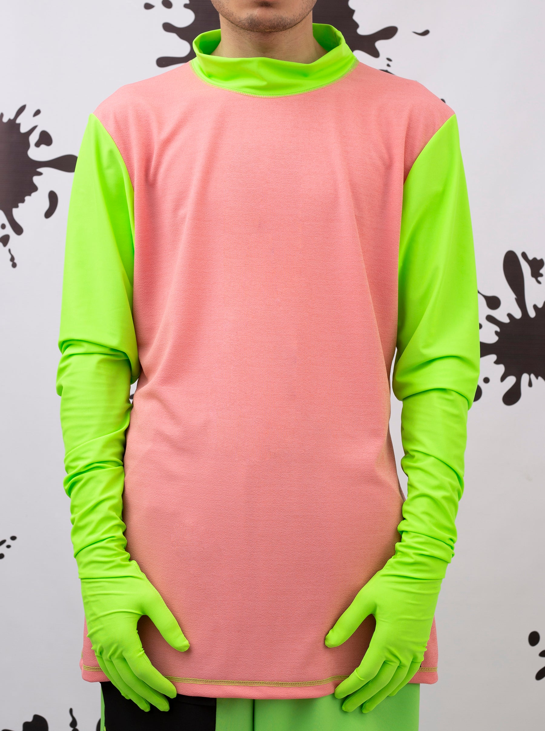 Pink T-Shirt With Neon Green Gloves