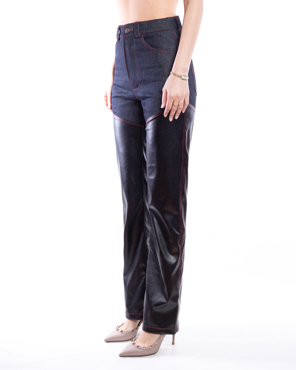 Denim Pants With PU Leather