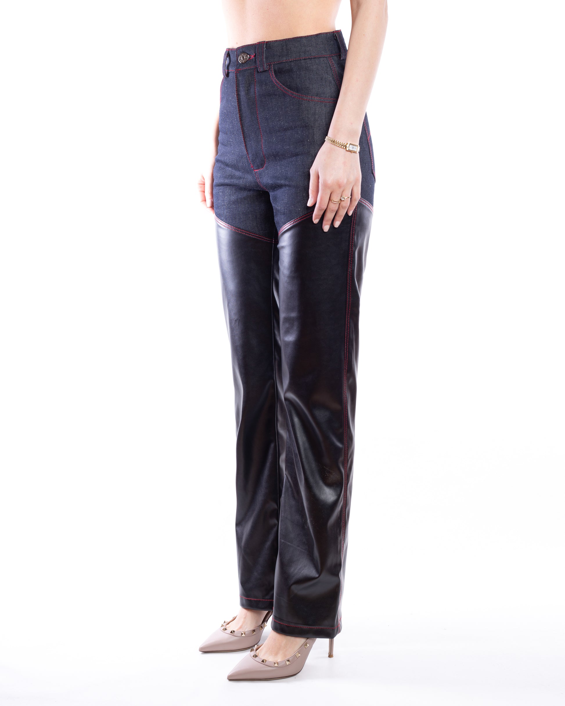 Denim Pants With PU Leather