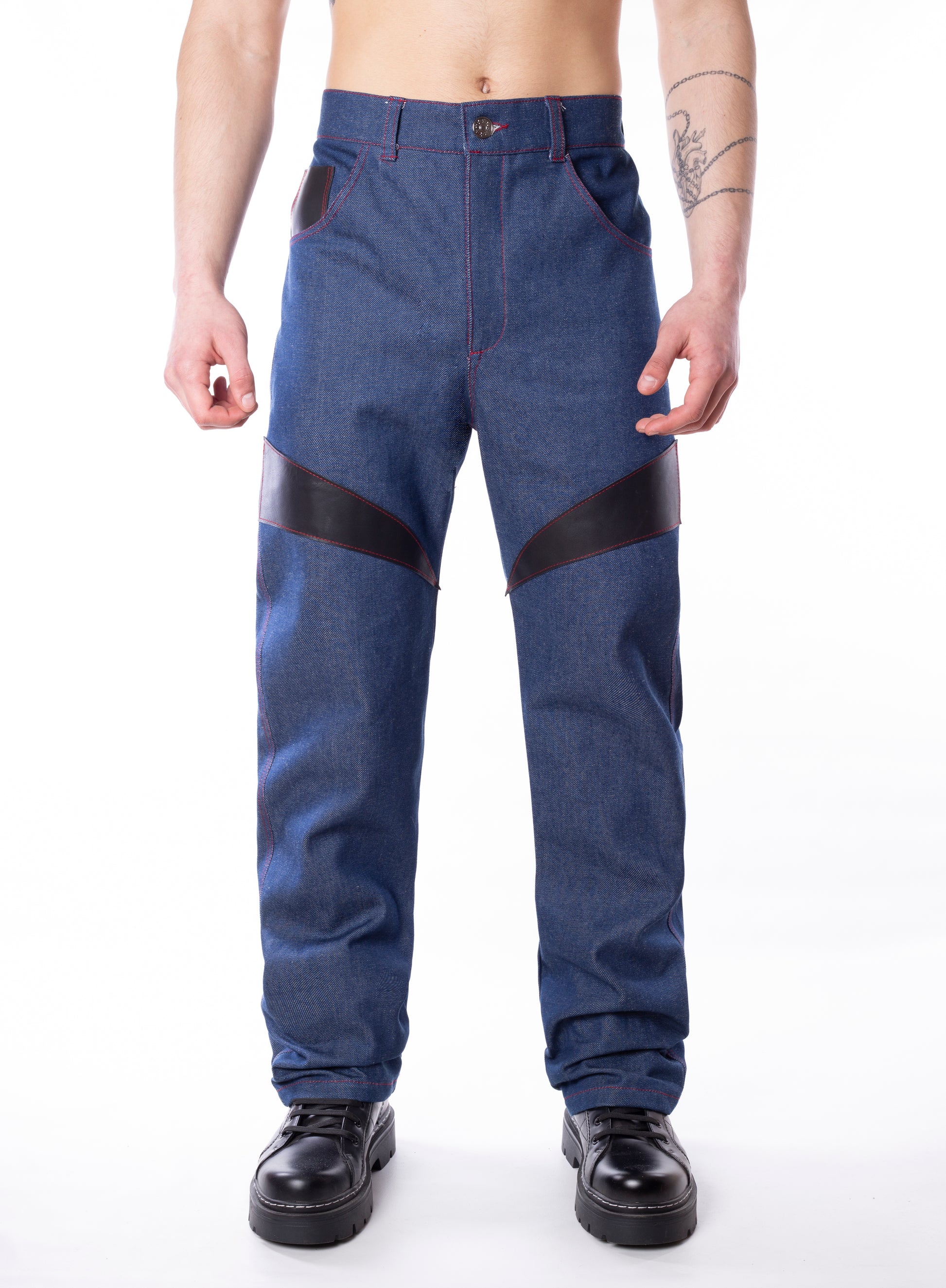 Denim Pants With Leather Details
