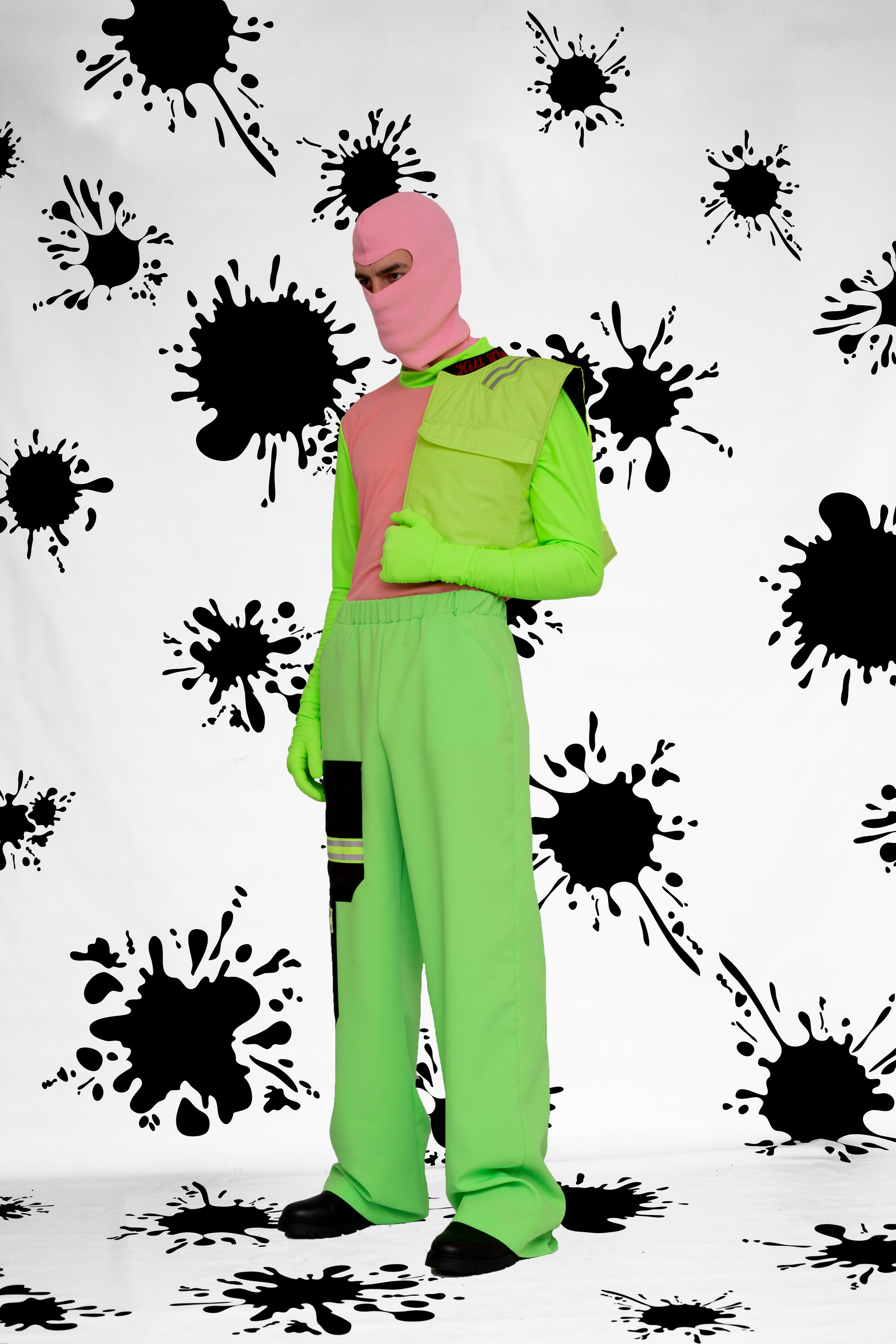 Pink T-Shirt With Neon Green Gloves