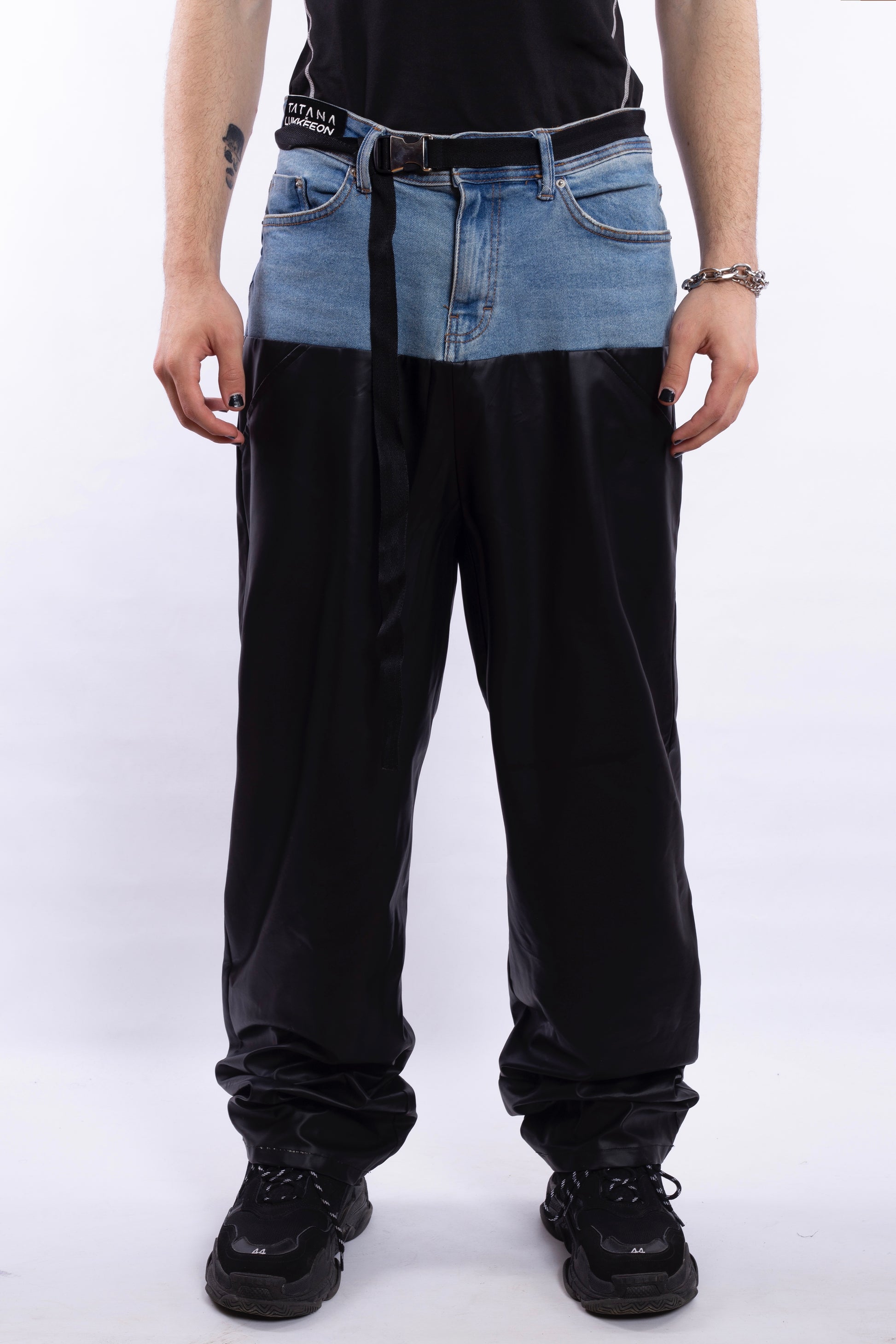 Black PU Leather Pants With Denim