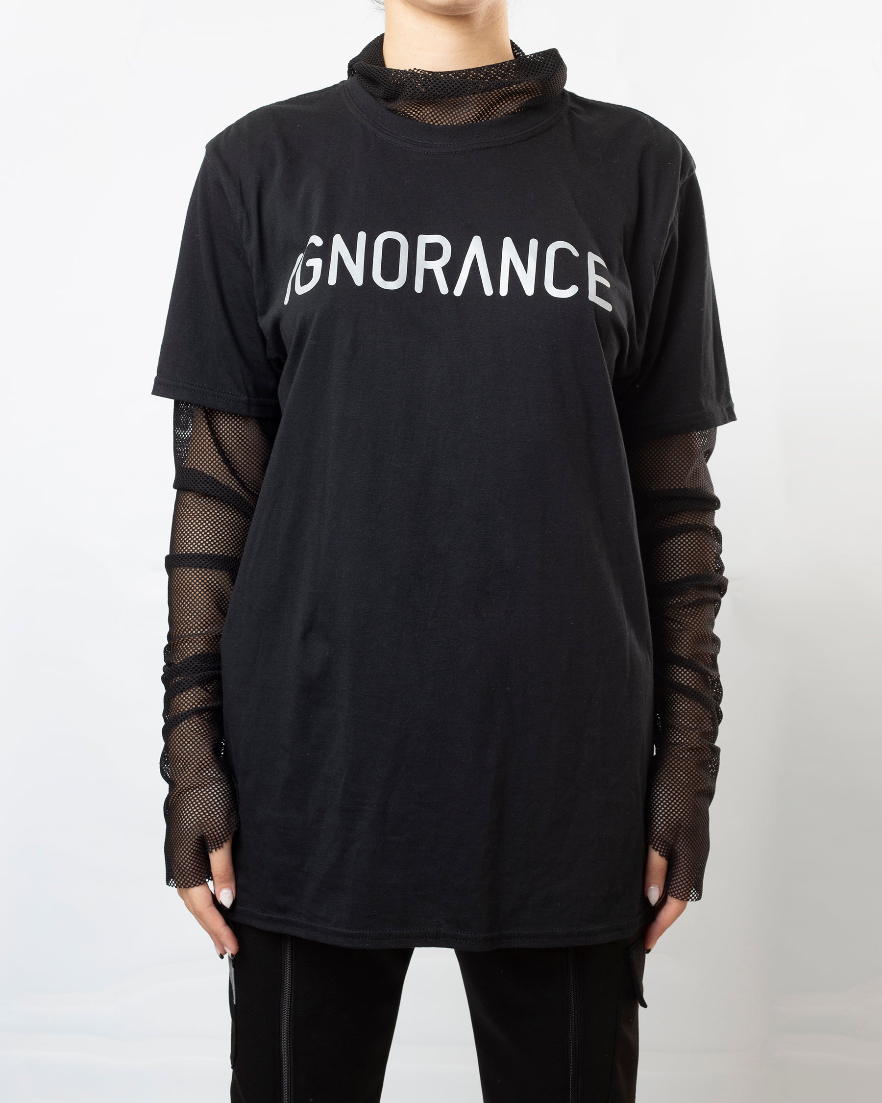 “Ignorance” Black Tee With Net Sleevs