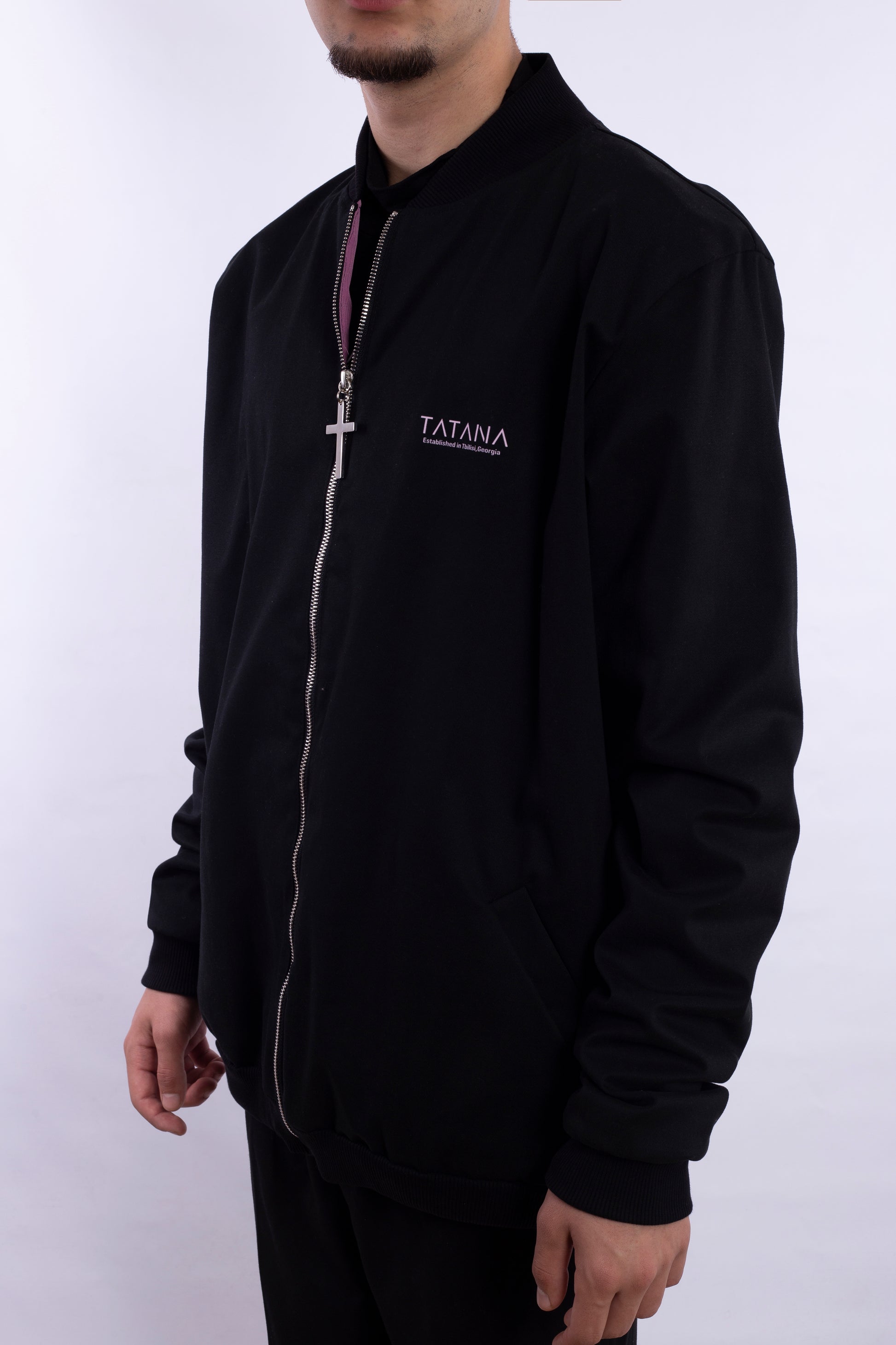 Boomber Jacket With Cross Zipper And Pink Logo