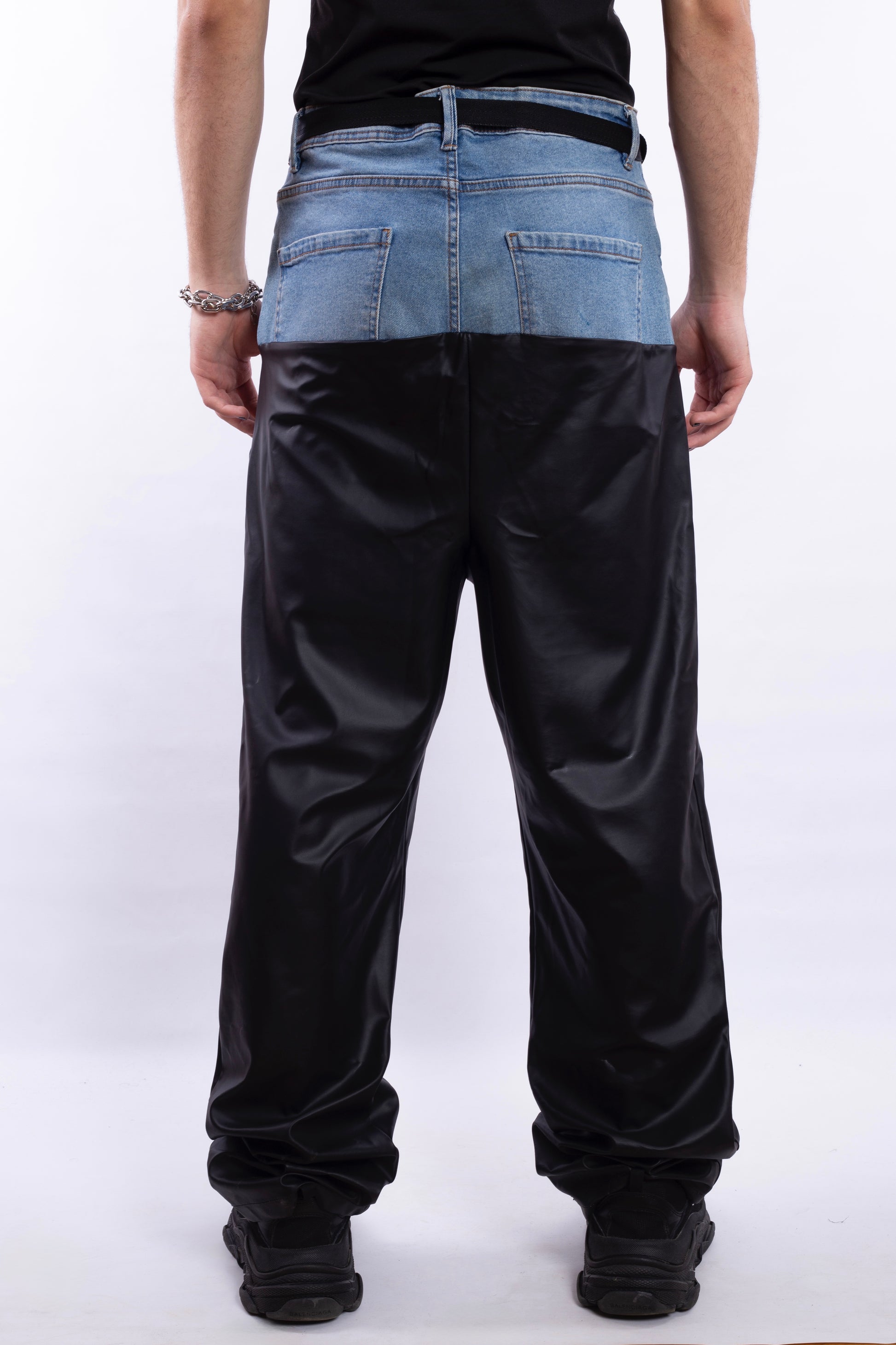 Black PU Leather Pants With Denim