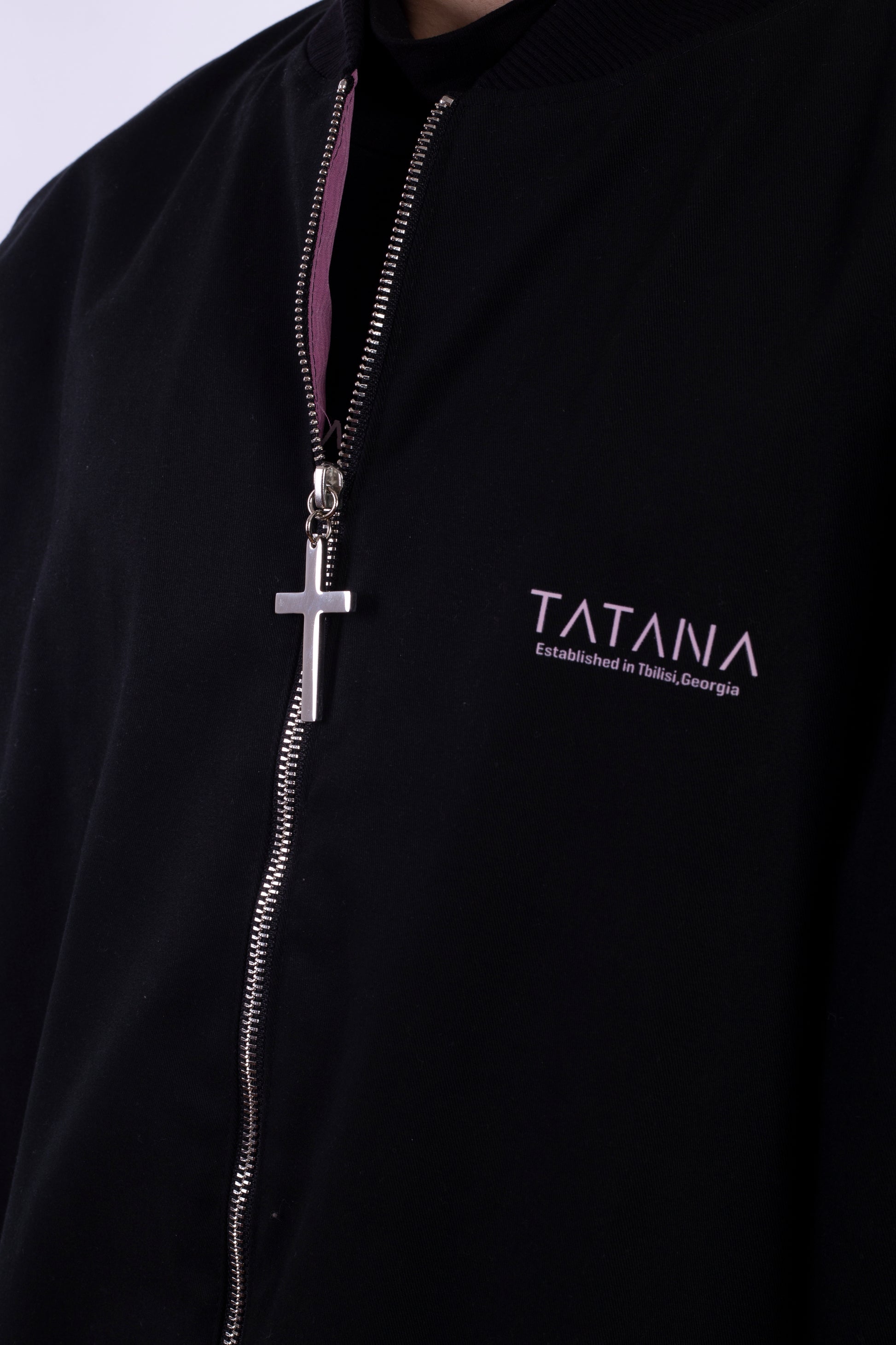 Boomber Jacket With Cross Zipper And Pink Logo