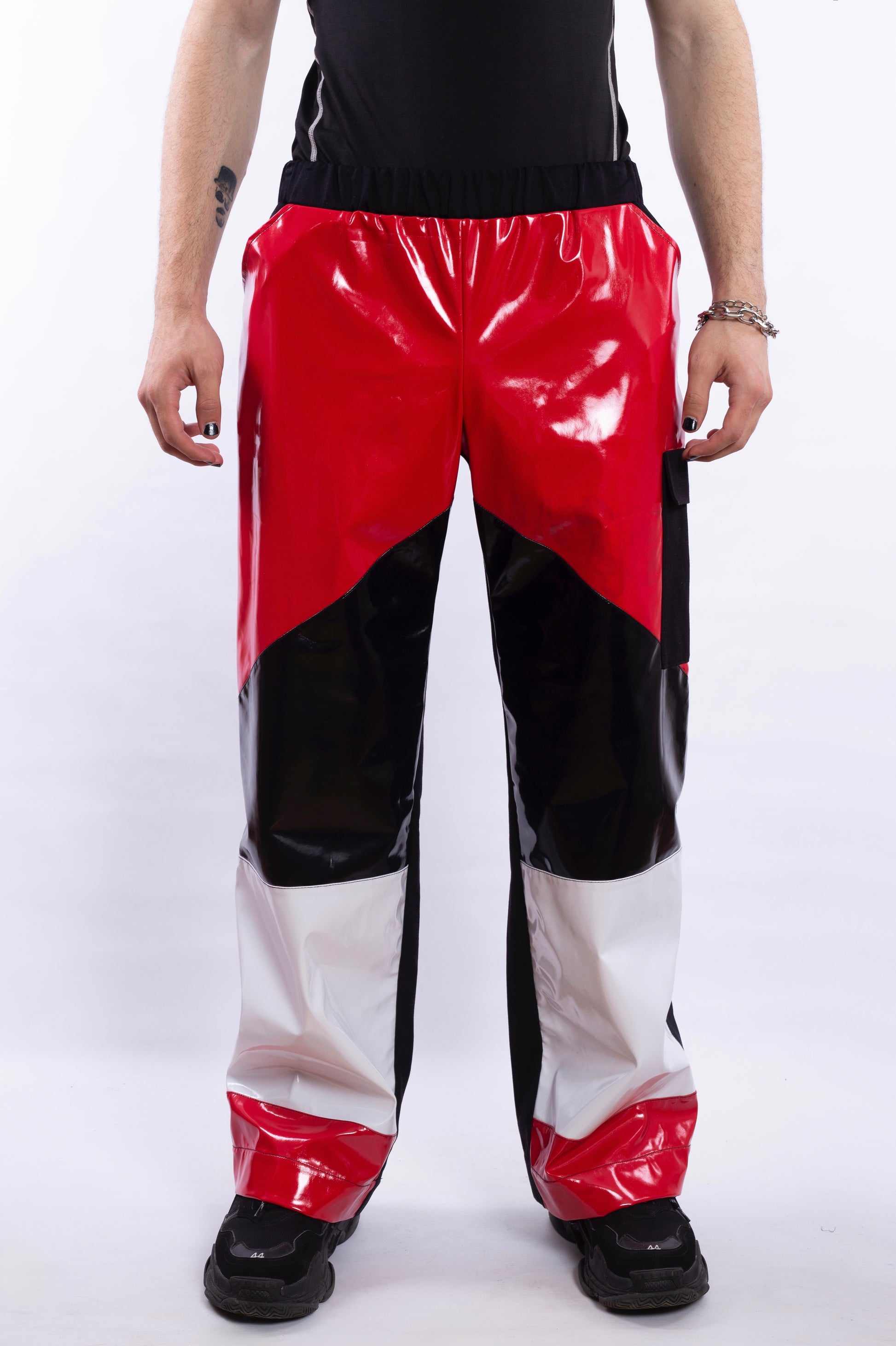 Red PU Leather Pants With BWR Details